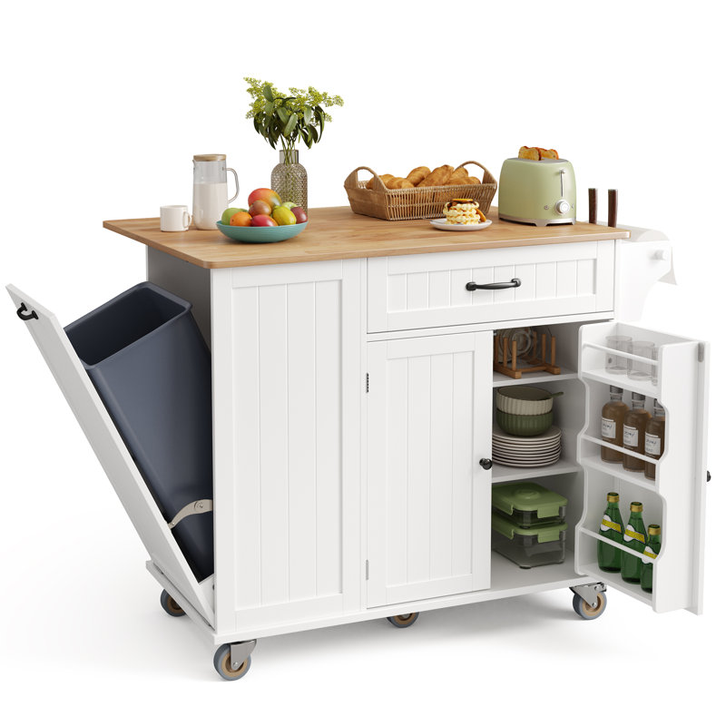 Îlot de cuisine en bois massif, compartiment à poubelle inclinable avec barre de petit-déjeuner à abattants, table de cuisine mobile avec faux réfrigérateur et roulettes verrouillables
