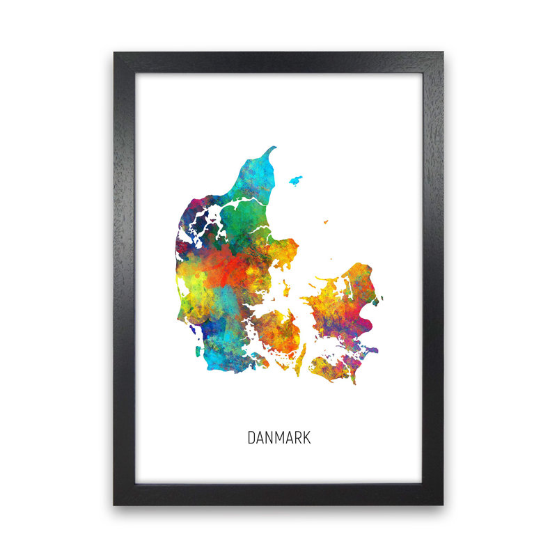 Danmark Watercolour Map by Michael Tompsett - Print, Black Framed, 88cm H x 64cm W x 3cm D