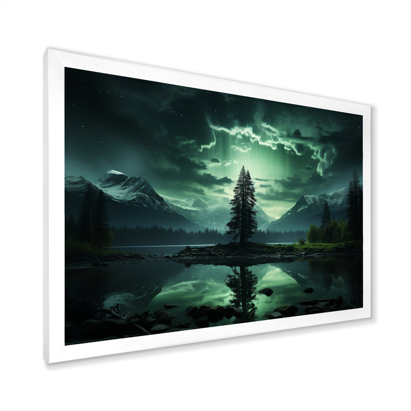 Arbre émeraude dans les aurores boréales II - arbre, art mural, Cadre de coin blanc fermé, H 16 po x l 32 po x P 1 po