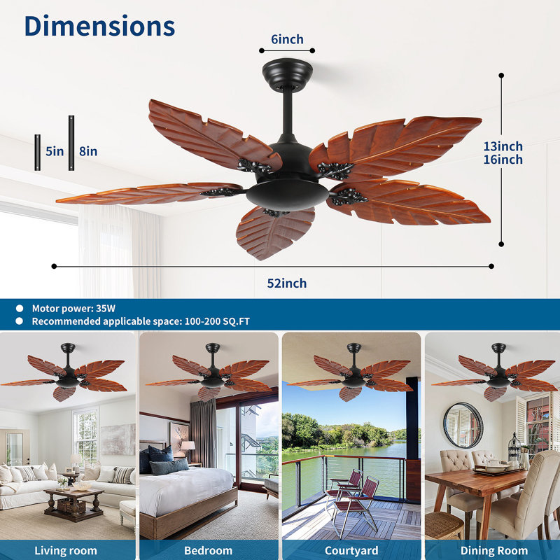 Ventilateur de plafond tropical (sans lumière), ventilateur de plafond intérieur / extérieur Palm Leaf pour patio et salon, ventilateur réversible, bronze noir