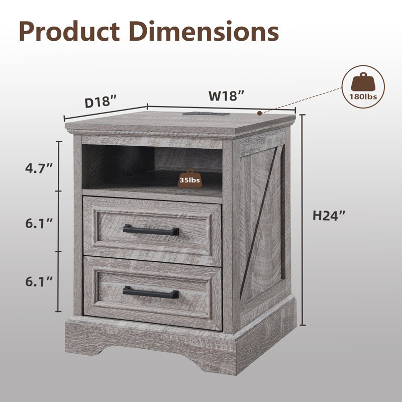 Table de bout de ferme de 24 po de hauteur avec prises intégrées, table d'appoint en bois avec rangement à 2 tiroirs et armoire ouverte