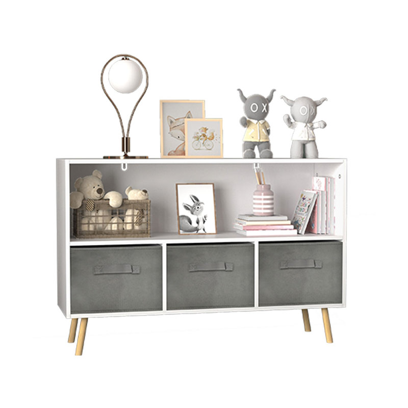23.62'' H X 35.43'' W Kids Bookshelf Kids Bookcase with Collapsible Fabric Drawers, White/Gray