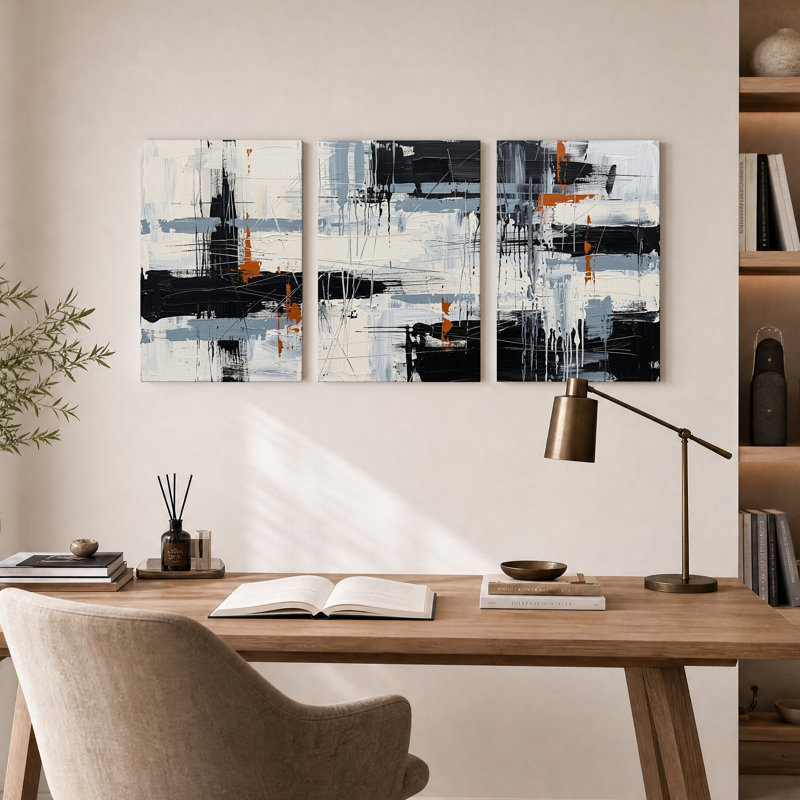 Ensemble de 3 toiles abstraites à coups de pinceau noirs, blancs et orange, 30"H x 20"W x 3pcs