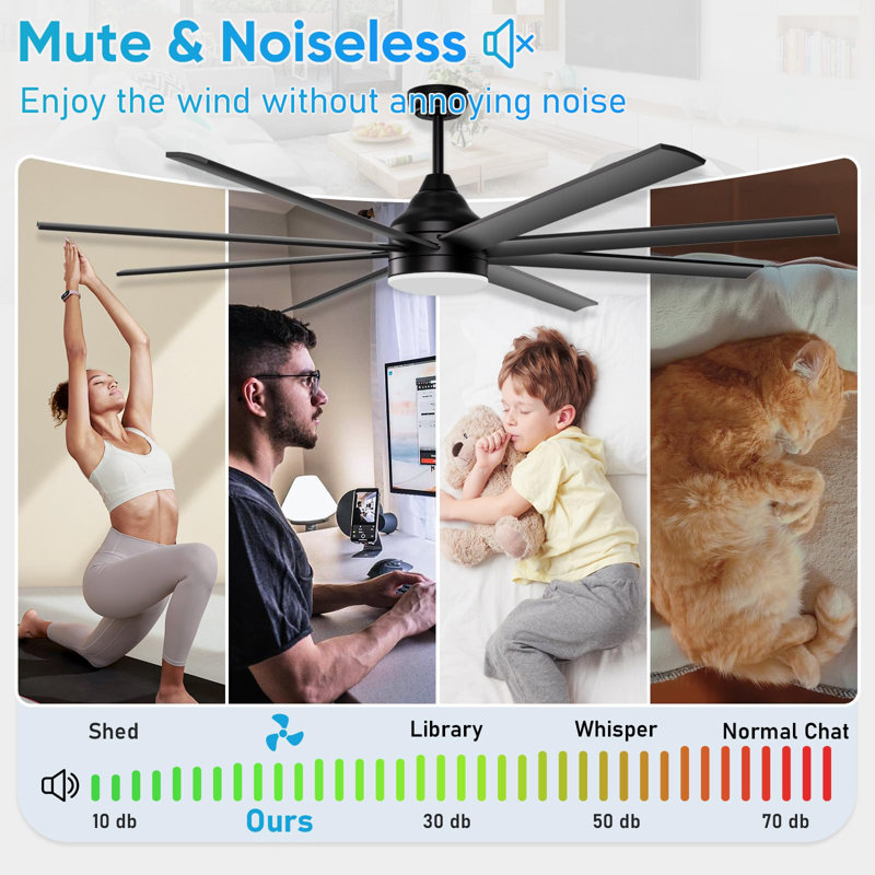 Grand ventilateur de plafond de 72 pouces avec lumières et télécommande / télécommande APP en noir