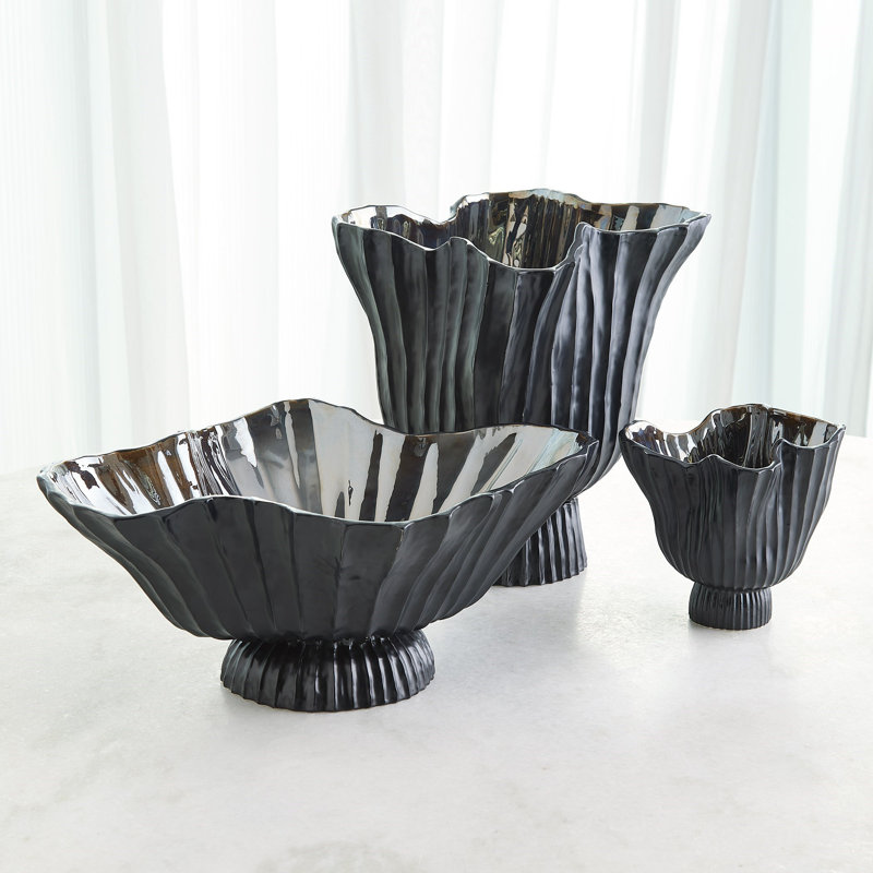 Folha Footed Vase-Black/Metallic-Sm, 7.25" H x 8" W x 6.5 D, Black