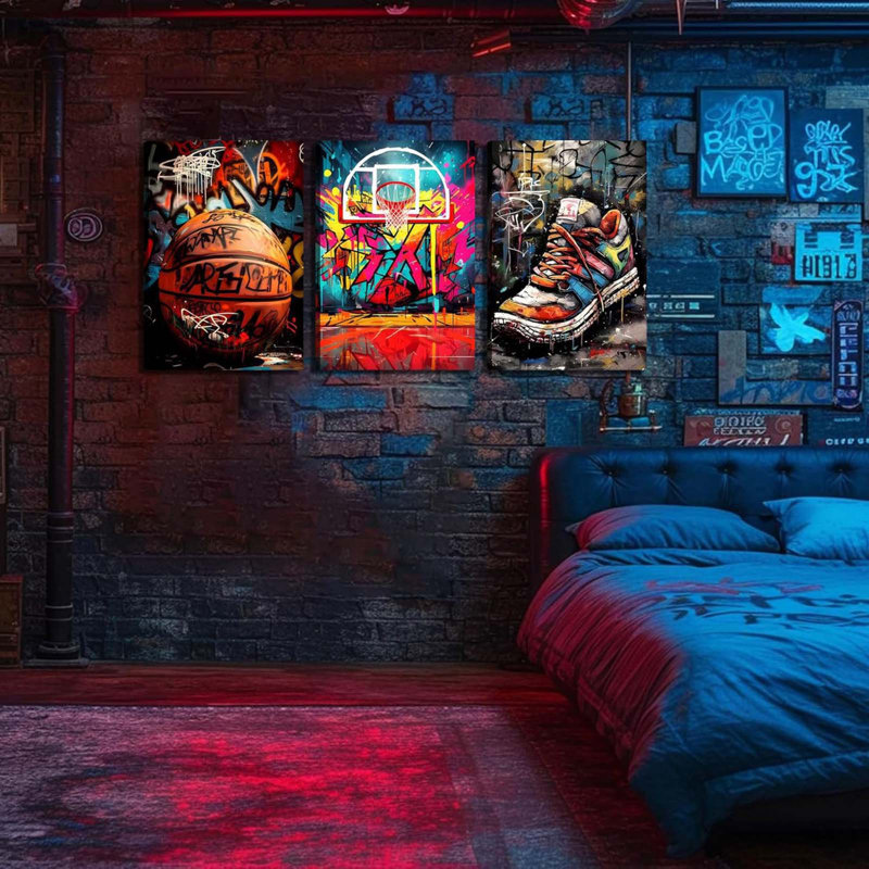 3Pcs Basketball Graffiti Canvas Wall Art Retro Abstract Graffiti Teen Wall Decor Pictures Basketball Court Sneakers Posters Prints Paintings For Teen Living Room Bedroom Decoration Ready To Hang 16X24 Inch