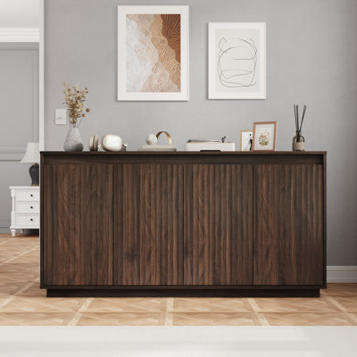 4 Door Sideboard Buffet Cabinet with Power Outlet, Wavy Texture Accent Cabinet with No-Handle Design (Door Top Edge Opening), Freestanding Storage Cabinet for Dining Room Living Room Entryway Natural