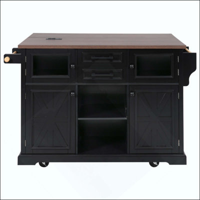 Kitchen Island With Drop Leaf, Power Outlet, Kitchen Storage Cart With 4 Door Shelves, Cross Barn Doors & Visual Glass Door, Rolling Kitchen Island On 4 Wheels For Kitchen, Dining Room