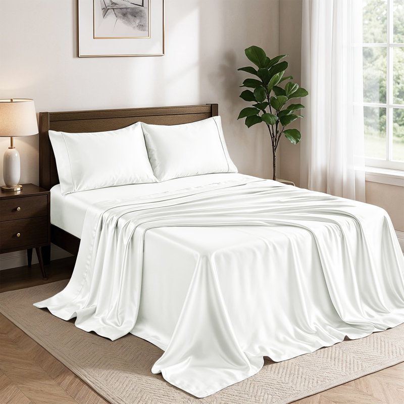 Drap-housse luxueux 4 pièces Lux Satin, Ensemble de draps pour très grand lit avec 2 taie, Blanc