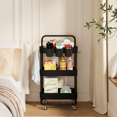 3-Tier Rolling Utility Cart With Hanging Basket And Locking Wheels, Multi-Purpose Storage Cart For Office, Kitchen, Bathroom, Laundry Room, And Garage