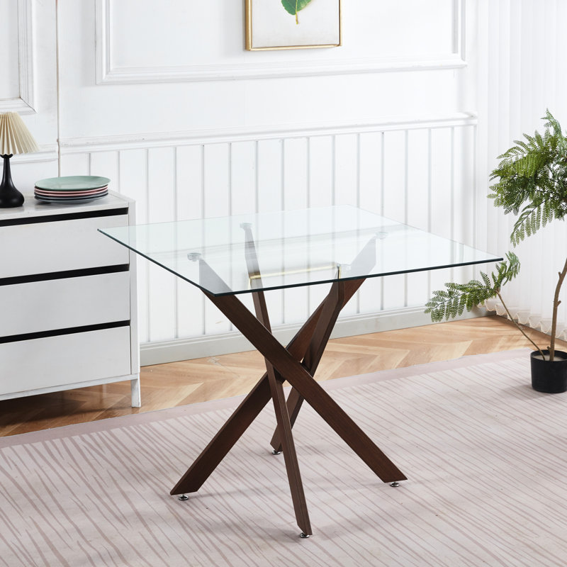 Table carrée moderne avec pieds en croix en métal et verre trempé, 90 x 90 x 75 cm, surface lisse, plateau en verre de couleur noyer foncé pour économiser de l'espace, carré, facile à nettoyer,