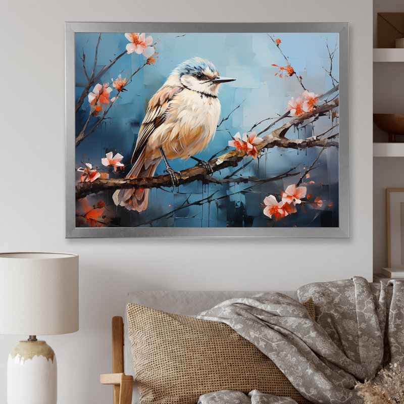 «Winter Birds On Snowdrops Branch» sur toile, H 24 po x l 32 po x P 1 po, Cadre simple argenté
