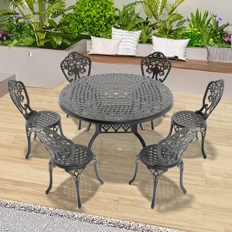 Table et chaise d'extérieur en aluminium moulé noir, structure résistante aux intempéries