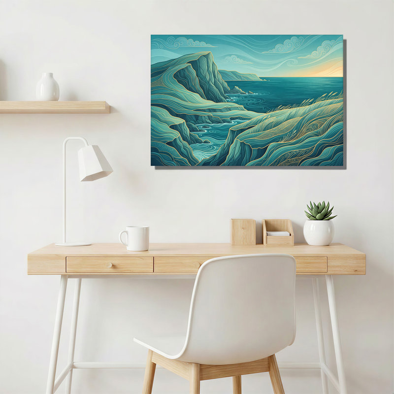Art mural sur toile bleu sarcelle et falaises côtières stylisées, 20"H x 30"W