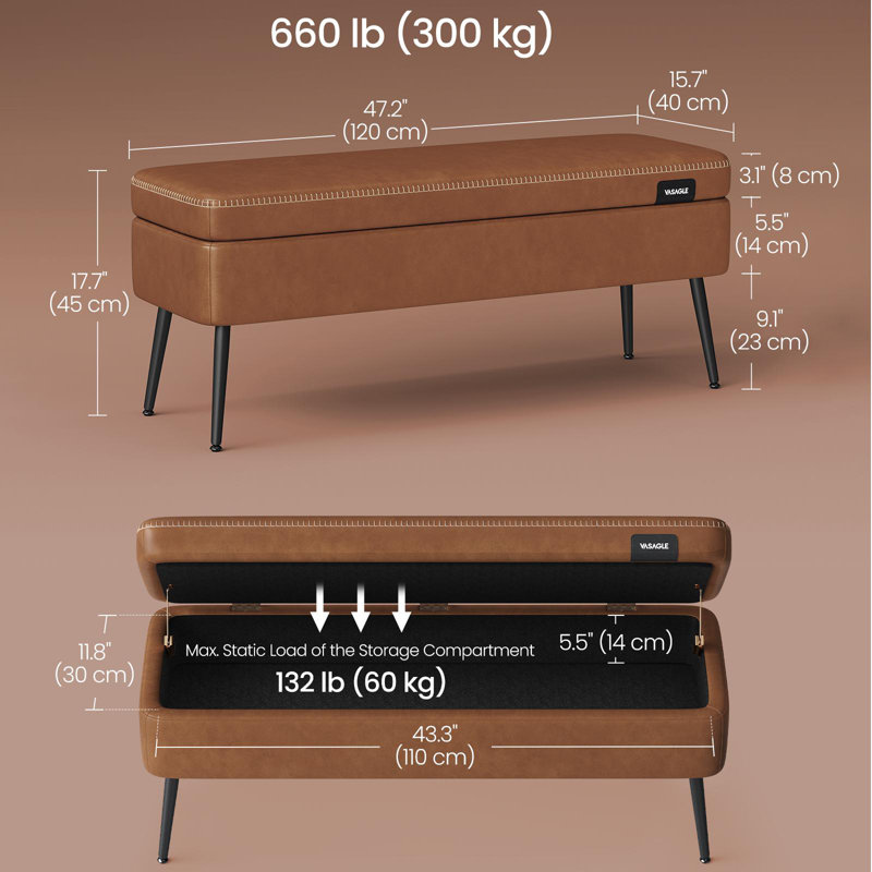 Banc de rangement en cuir, Avancé, Brun caramel