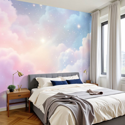 Boho Peel and Stick Wallpaper Pastel Dreamy Clouds Sparkling Stars Soft Pink Blue Gradient Sky Wall Murals 100"H x 144"W Removable PVC Wall Paper Self-Adhesive Wall Paintings Art Decor for Bedroom Living Room
