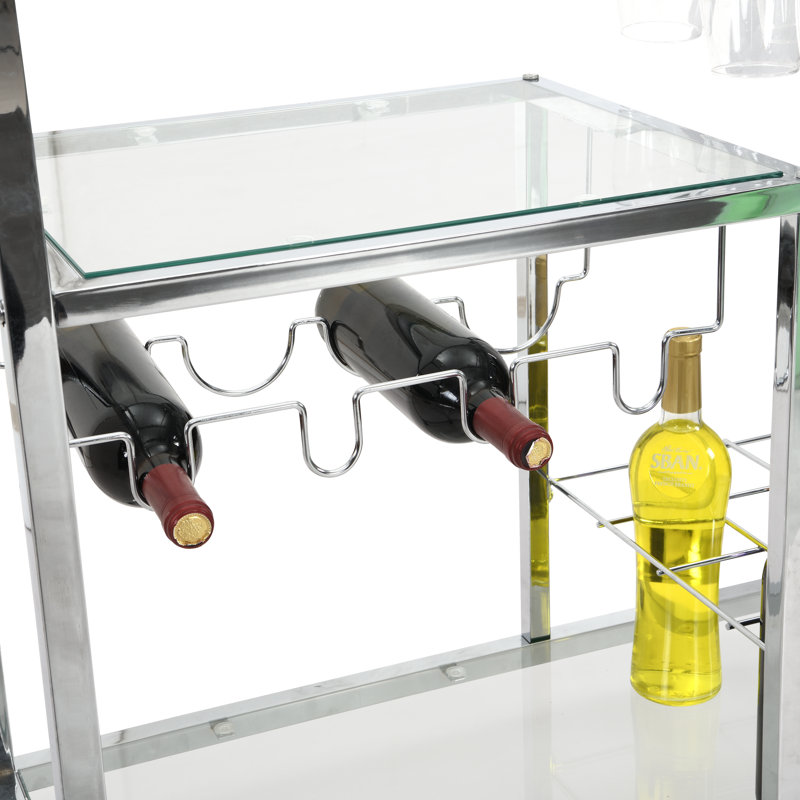 Contemporary Chrome Bar Serving Cart Tempered Glass Metal Frame