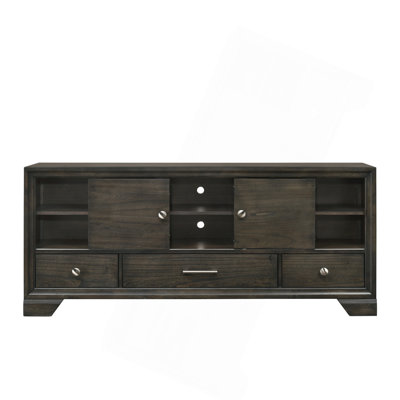 Contemporary TV Stand 1Pc Rich Dark Finish Metal Hardware Sliding Doors Open Shelves Lower Drawers Wooden Living Room Furniture Brown