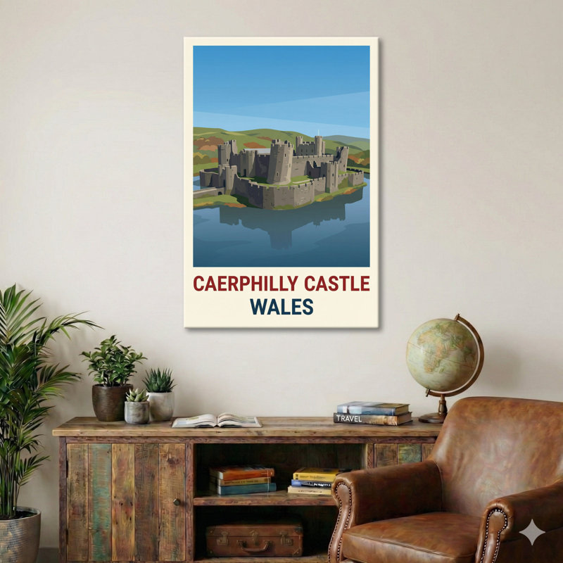 Caerphilly Castle, Wales - Romantic Retro Travel Poster Of Moated Medieval Fortress. Giclee Print On Wrapped Canvas. Wall Art, Home Decor - Castles & Palaces, Wales - Wrapped Canvas Print