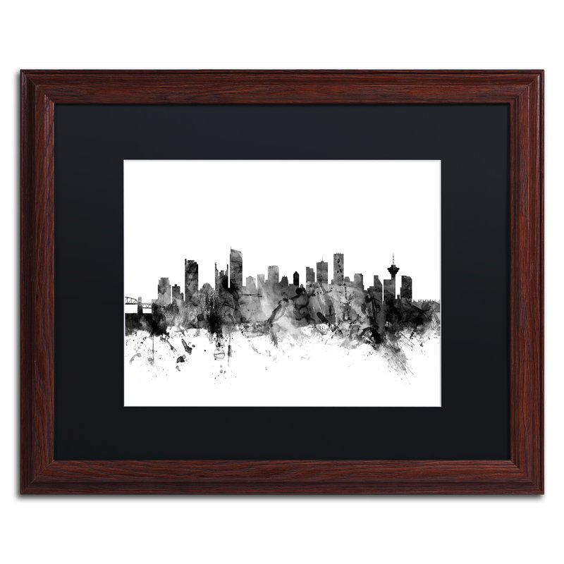 «Vancouver Canada Skyline B&W», impression encadrée, H 16 po x l 20 po x P 0,5 po, Blanc, Toile avec cadre noir