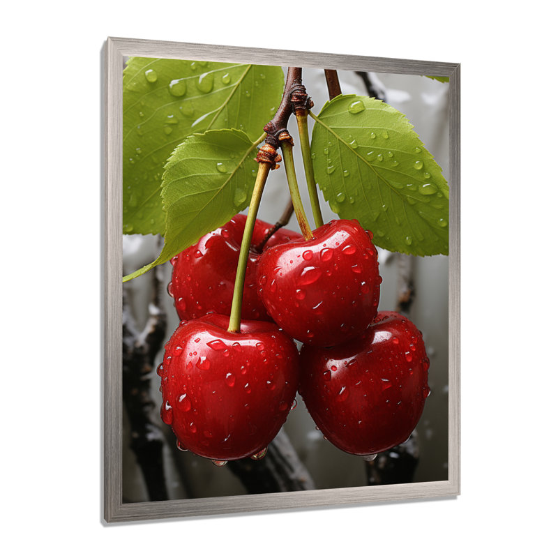 Red Cherry Tree Explosion 3 - art mural cerise, Cadre simple argenté, H 20 po x l 12 po x P 1 po
