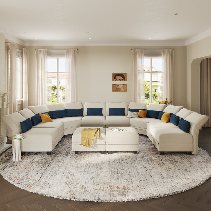 Ahren Upholstered Reclining Curved Sectional, Beige Velvet