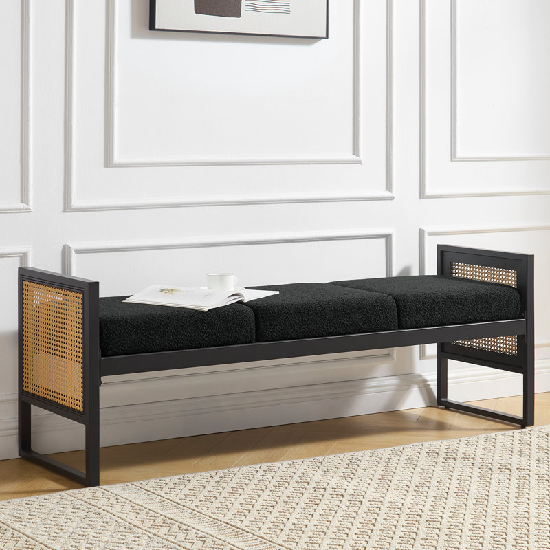 56.7" Boucle Upholstered Bench with PE Rattan Accent Armrest, Black
