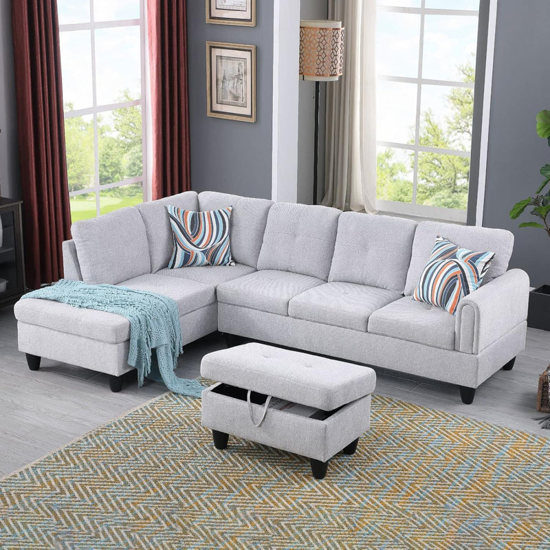 Canapé modulaire en flanelle 3 pièces, Gris, Orienté à gauche (vu de face)