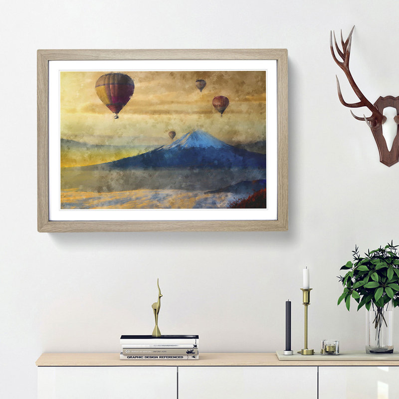 Hot Air Balloons Above Mount Fuji - Picture Frame Painting Print, 62cm H x 87cm W x 2cm D, Oak Framed