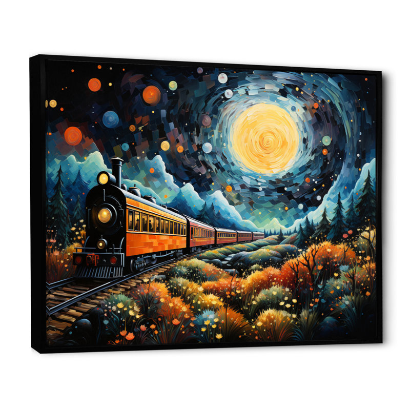 «Yellow Train Enchanted Journey Pointillism - Transport», reproduction d'art sur toile, H 34 po x l 44 po x P 1,5 po