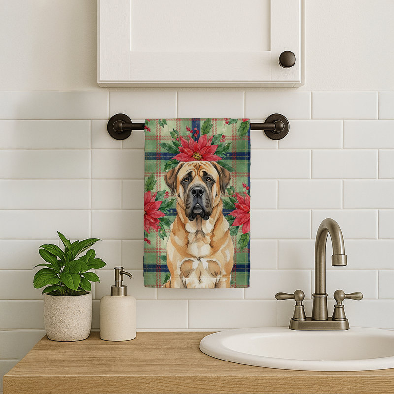 Apricot English Mastiff Christmas PoinsettIas Kitchen Towel, Apricot English Mastiff