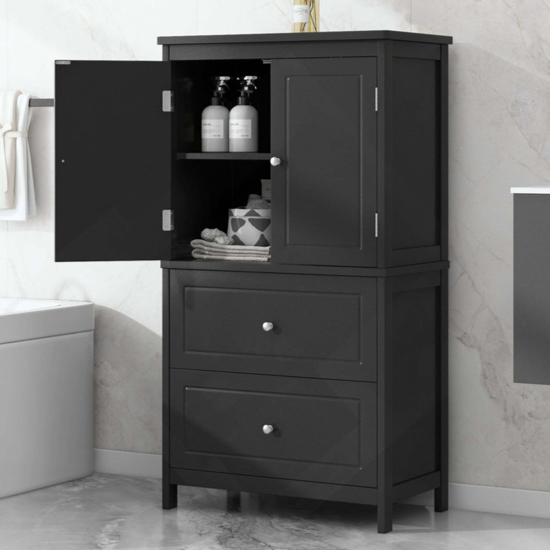 Armoire de rangement pour salle de bain, armoire avec deux portes et tiroirs, tablette réglable, panneau de fibres à densité moyenne