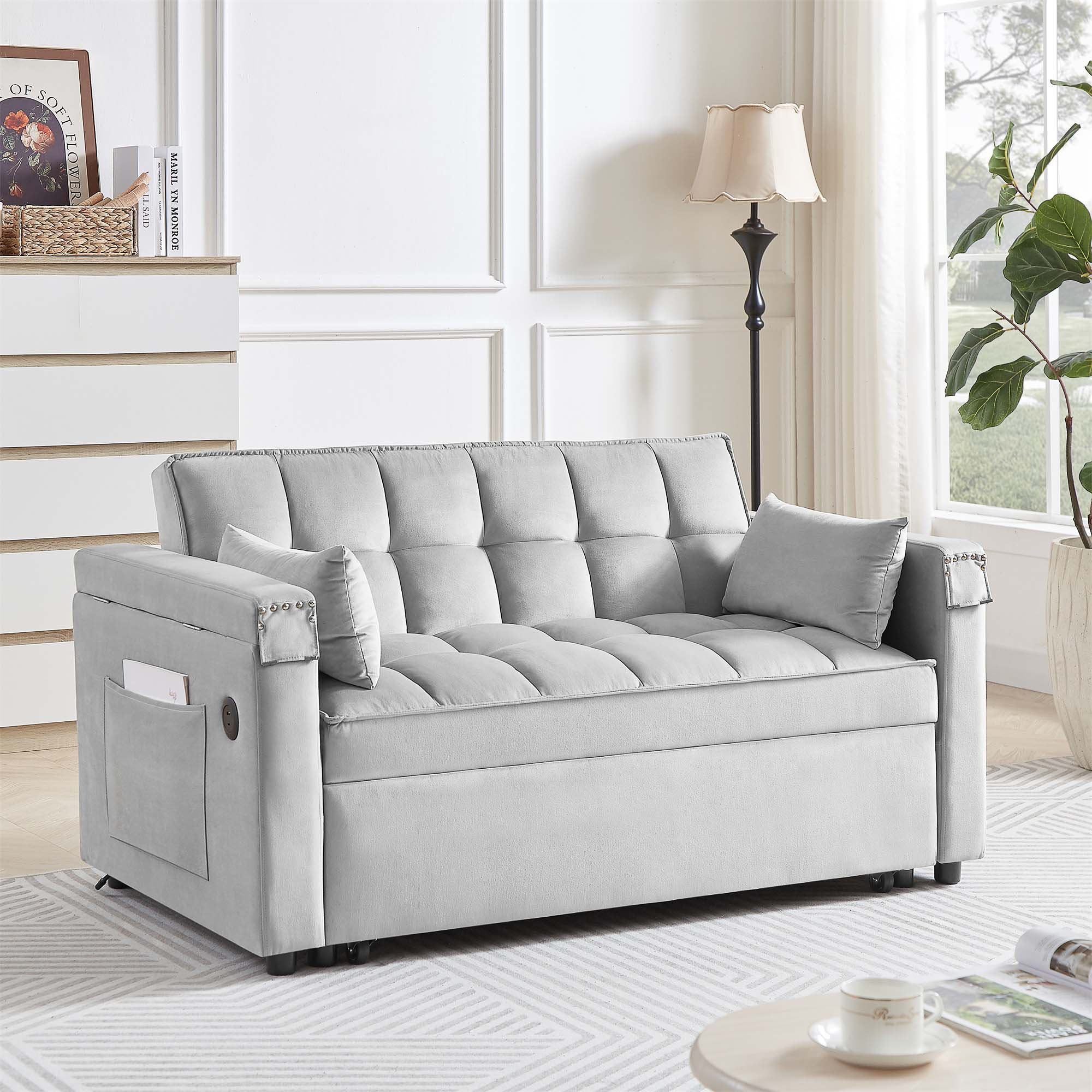 Everly Quinn Convertible Sofa Bed 3 Lengths Modern Velvet Pull - out