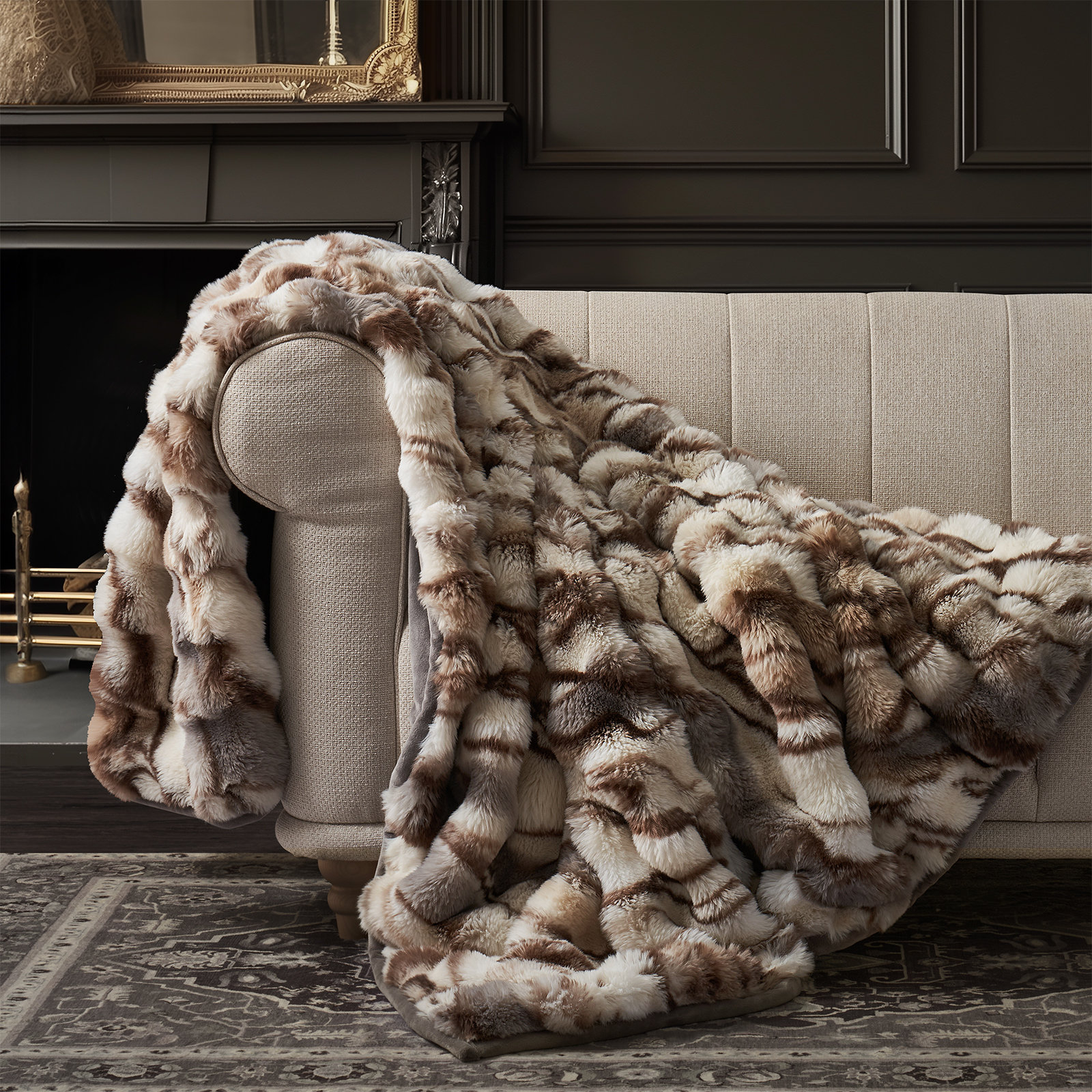 Ridgeline Faux Fur Throw Blanket, 60" L x 50" W, Beige/Gray Marble