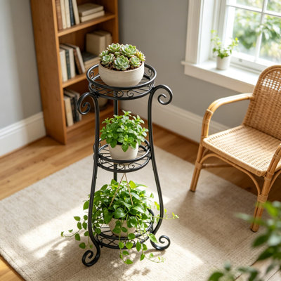 3 Tier Metal Plant Stand Indoor Outdoor, Wrought Iron Corner Tall Flower Pot Holder Shelf, 34 Inch Vertical Heavy Duty Display Rack for Patio Porch Living Room Garden