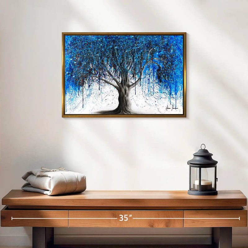 Arbre bleu au clair de lune, 19 po x 13 po, Cadre flottant doré