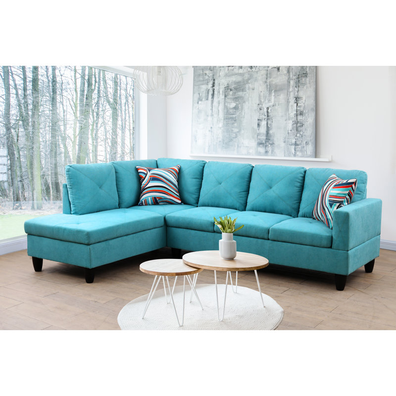 Upholstered L-Shaped Sectional, Turquoise Microfiber/Microsuede, Left Hand Facing