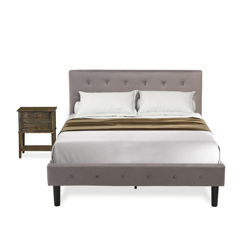 Ensemble de chambre à coucher 2 pièces - Lit plateforme capitonné à boutons pleine grandeur - Tête de lit tapissier en velours taupe brun et table de chevet à finition jacobine patinée