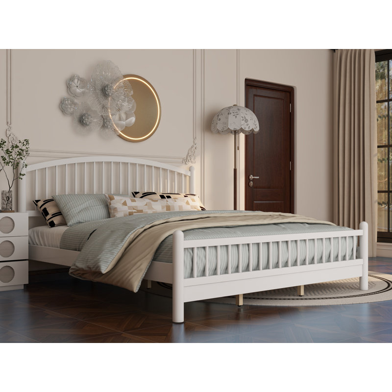 Structure de très grand lit avec tête de lit arquée, lit double plateforme en bois, aucun sommier requis, assemblage facile, silencieux, blanc