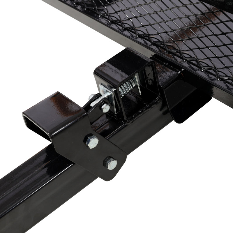 Remorque à benne en acier d'une capacité de 680 kg (1500 lb), avec pneus de 45,7 x 21,6 cm (18 x 8,5 po), plateau de 210 x 130 cm (82,63 x 51 po), monobloc, noir et orange.