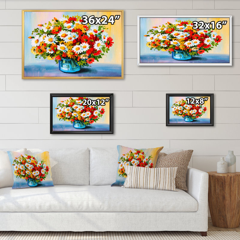Nature morte fleurs rouges et blanches dans un vase - reproduction sur toile avec cadre flottant, H 12 po x l 20 po x P 1 po