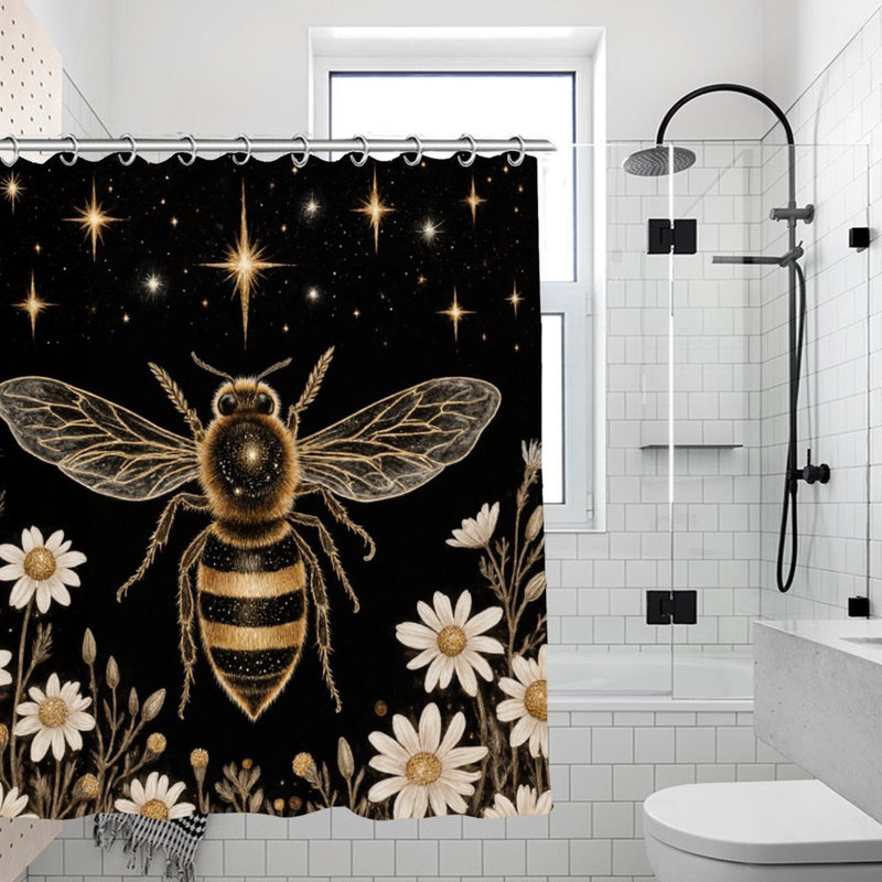 Rideaux de douche Starry Bee & Daisies, 71 x 71, Black Starry Bee & Daisies