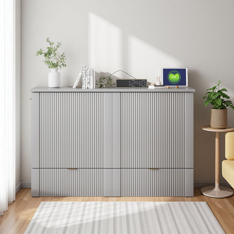 Lit escamotable avec tiroir et ensemble de prises et ports USB, structure de poulie, Lit double, Gris