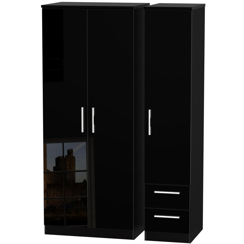 Yvette 3 Door Manufactured Wood Wardrobe, Black, 182.5 cm H x 111 cm W x 53 cm D