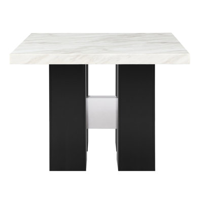 Table de bar blanche, faux marbre et bois d'hévéa, base noire à double piédestal avec connecteur argenté, l 48 po x P 36 po, l 198 lb