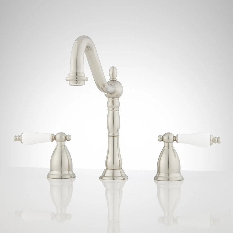 Victorian Gooseneck Bathroom Faucet - Porcelain Lever Handles - Brushed Nickel