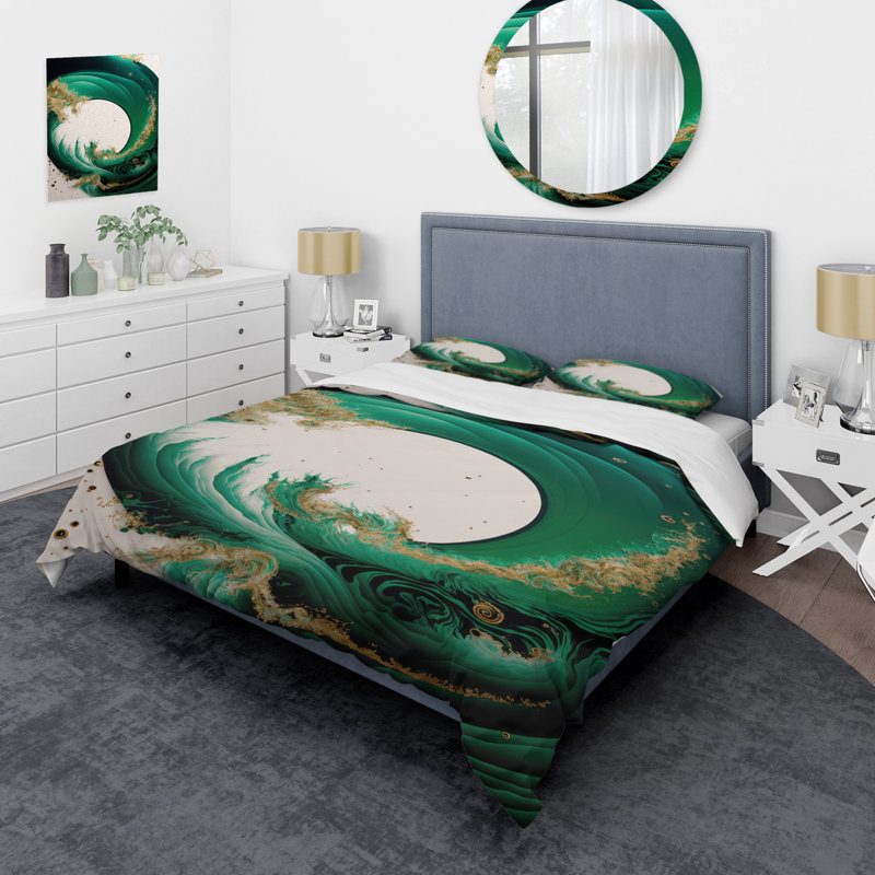 Ensemble de housse de couette en émeraude vert et doré à motif de vagues abstraites III