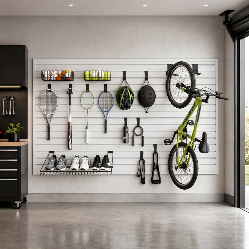 Slatwall Panel 8' X 4' Pvc Garage Organizing System With 29pcs Sports Equipment Accessories Set, White