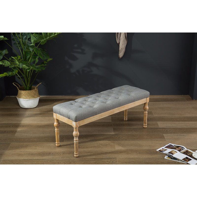 Habit Solid Wood Button Tufted Dining Bench, Grey, Gray Linen, Natural