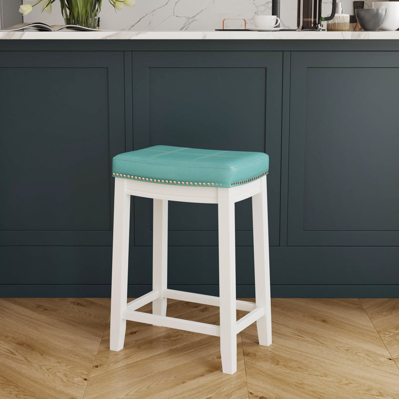 Tabouret de comptoir et de bar en bois massif sans dossier avec siège rembourré Bartonville, Sarcelle similicuir / Blanc